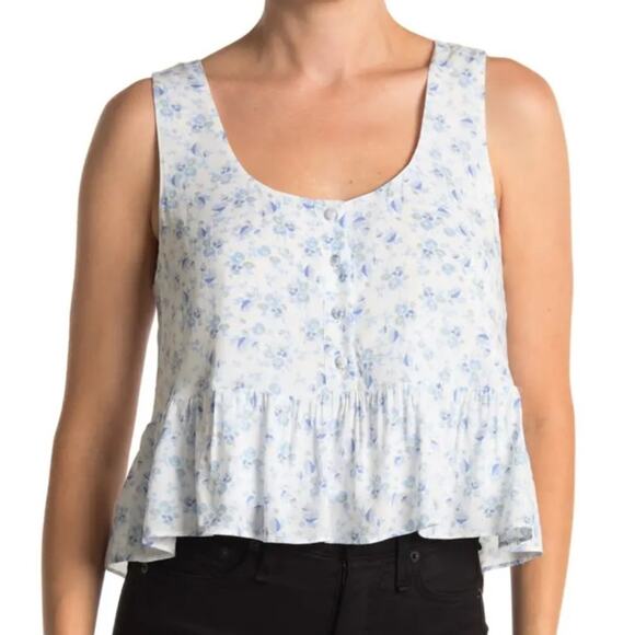 WAYF Blue & White Flirty Floral Cottagecore Ruffle Hem Sleeveless Crop Top L - Picture 1 of 13